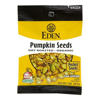 Product image of Eden Organic Pumpkin Seeds Dry Roasted and Salted Pocket Snacks 1 oz 1 oz Pack of 12
