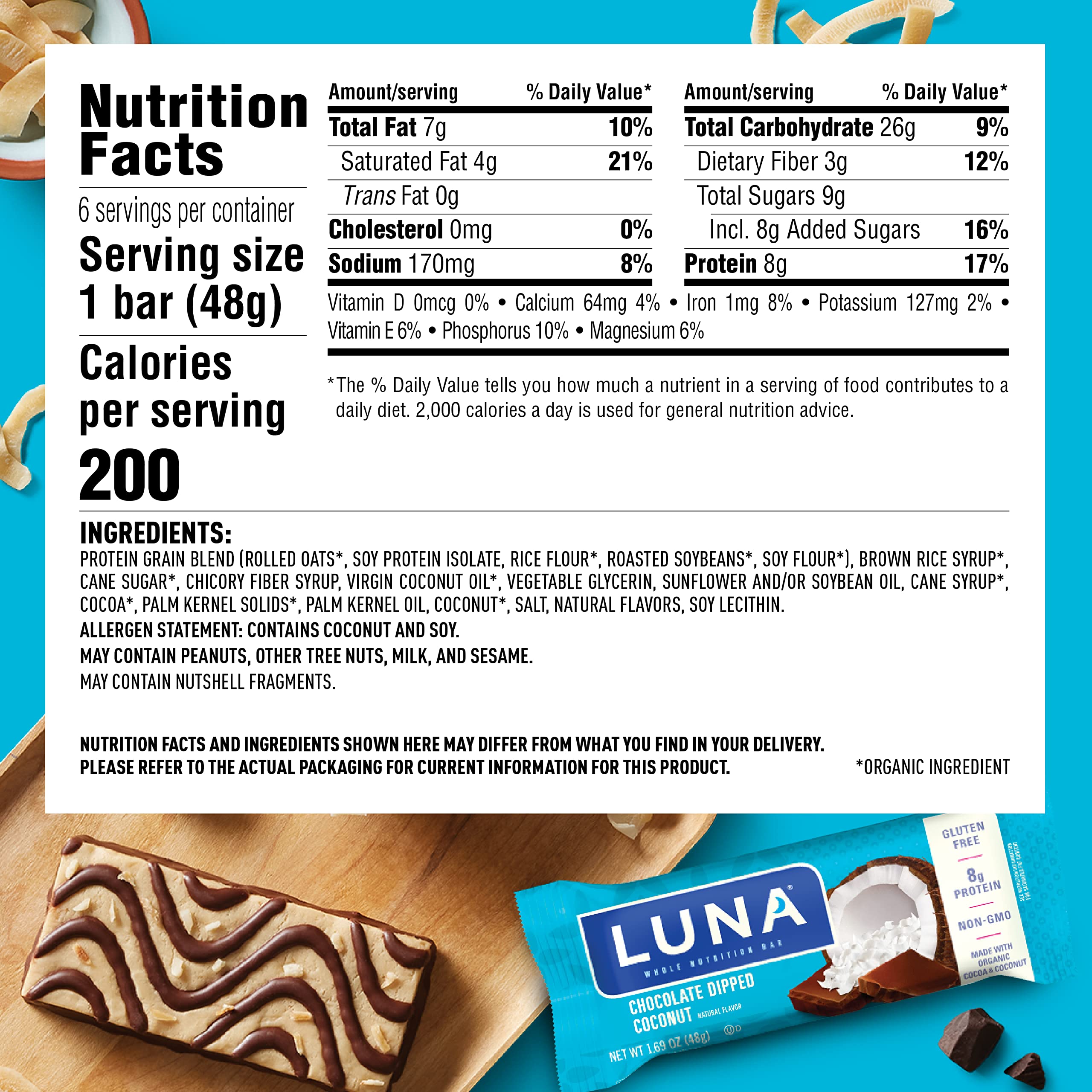 Product image of CLIF Bar Luna BAR Gluten Free Snack Bars Chocolate Dipped Coconut Flavor of Protein Non-GMO Plant-Based On