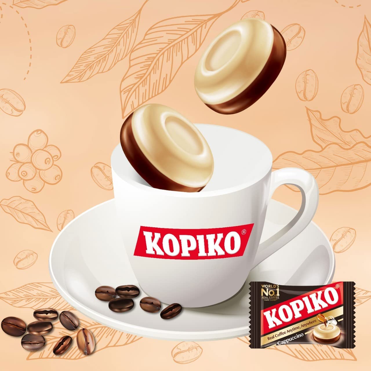 Product image of Kopiko Cappuccino Candy Hard Coffee Candy Real Coffee Extract Indonesia Each 4.23 oz 4.23 oz Pack of 4