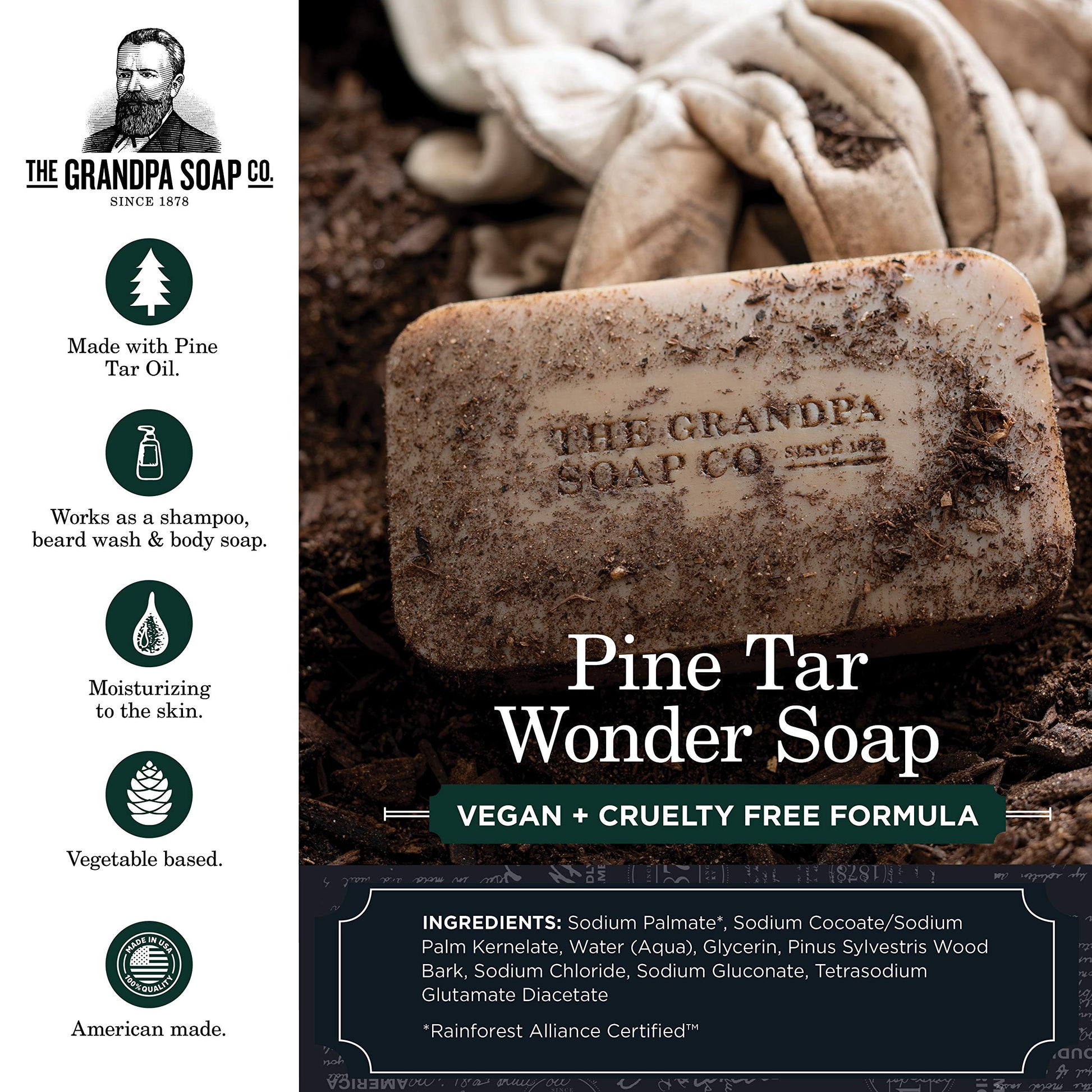 Product image of The Grandpa Soap Company Pine Tar Bar Soap 3-in-1 Cleanser Deodorizer and Moisturizer Each 4.25 oz 4.25 oz