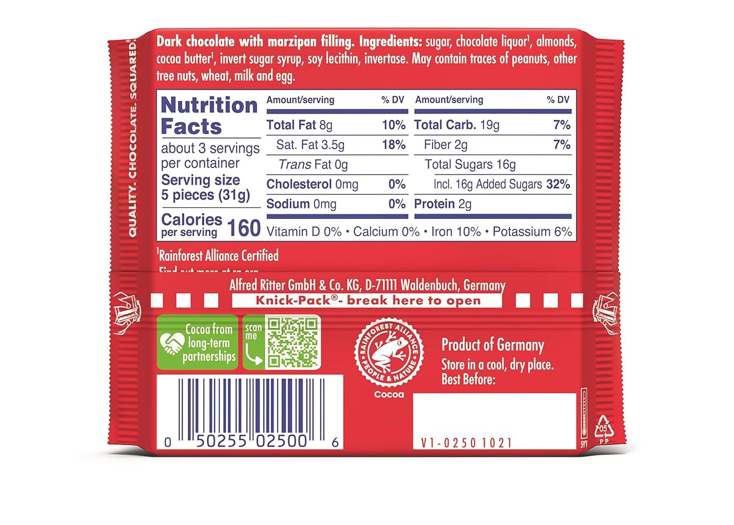 Product image of Ritter Sport Marzipan Dark Chocolate 3.5 oz 3.5 oz Pack of 6
