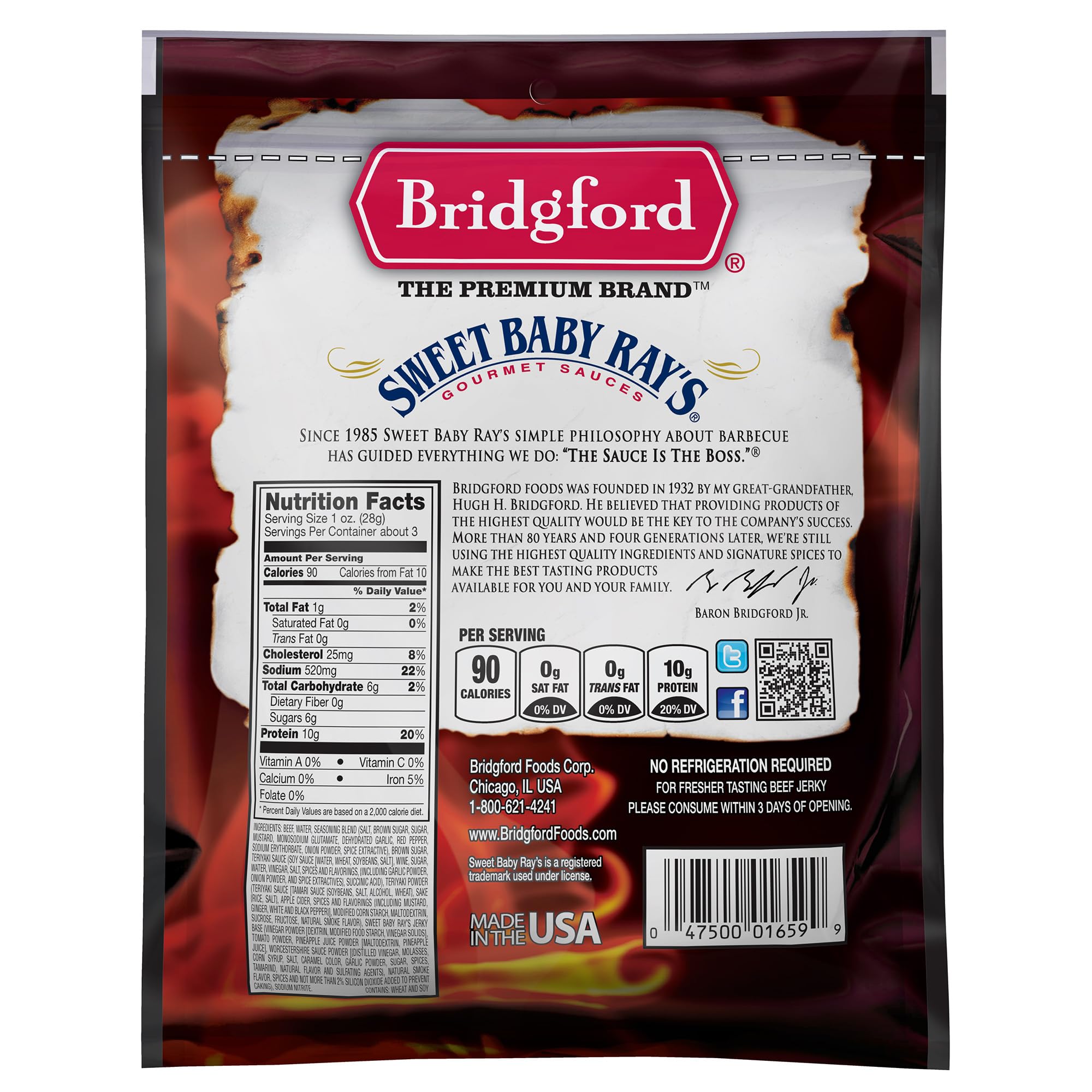 Product image of Bridgford Sweet Baby Ray's Honey BBQ Beef Jerky High Protein Naturally Smoked Ready-to-Eat Meat Snacks 3.25