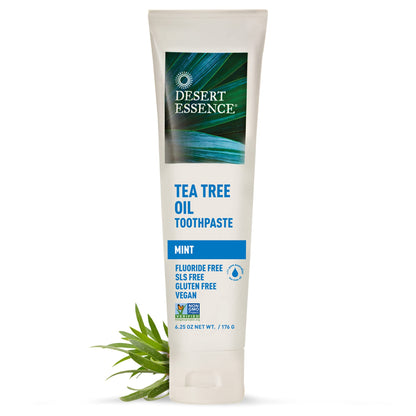 Product image of Desert Essence Tea Tree Oil Toothpaste Mint Deep Cleans Teeth and Gums Helps Fight Plaque Sea Salt Pure