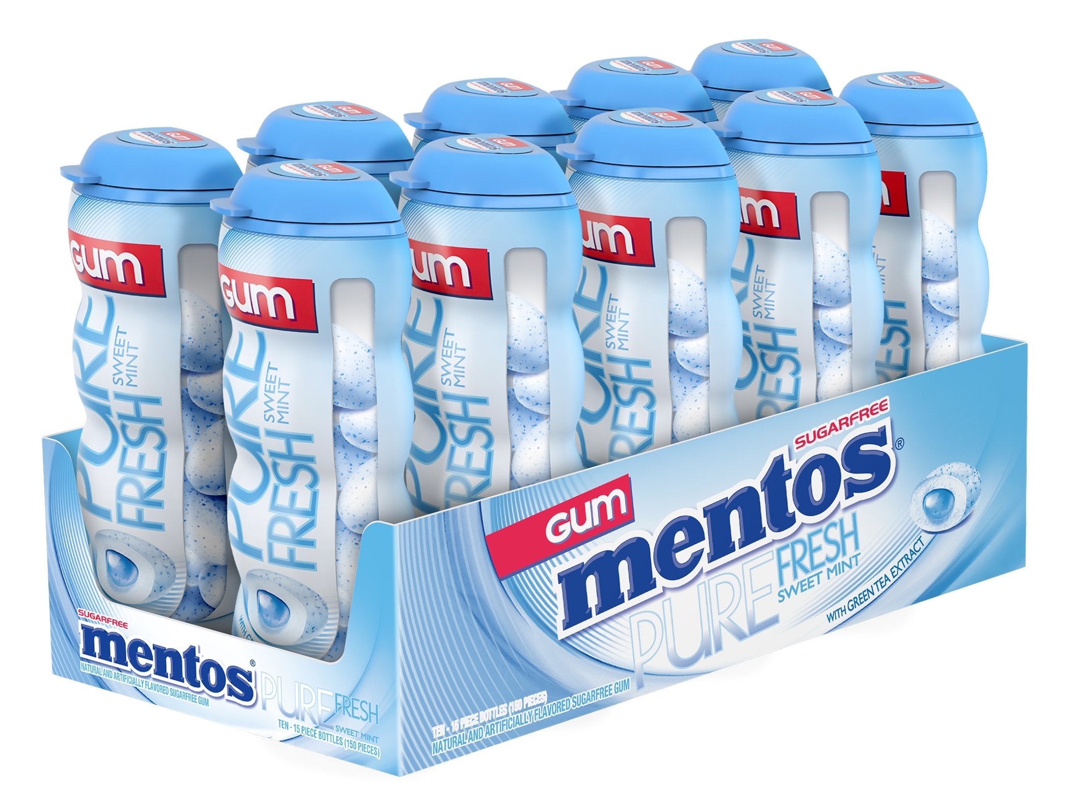 Product image of Mentos Pure Fresh Sugar-Free Chewing Gum Xylitol Sweet Mint 15 Piece Bottle Pack of 10