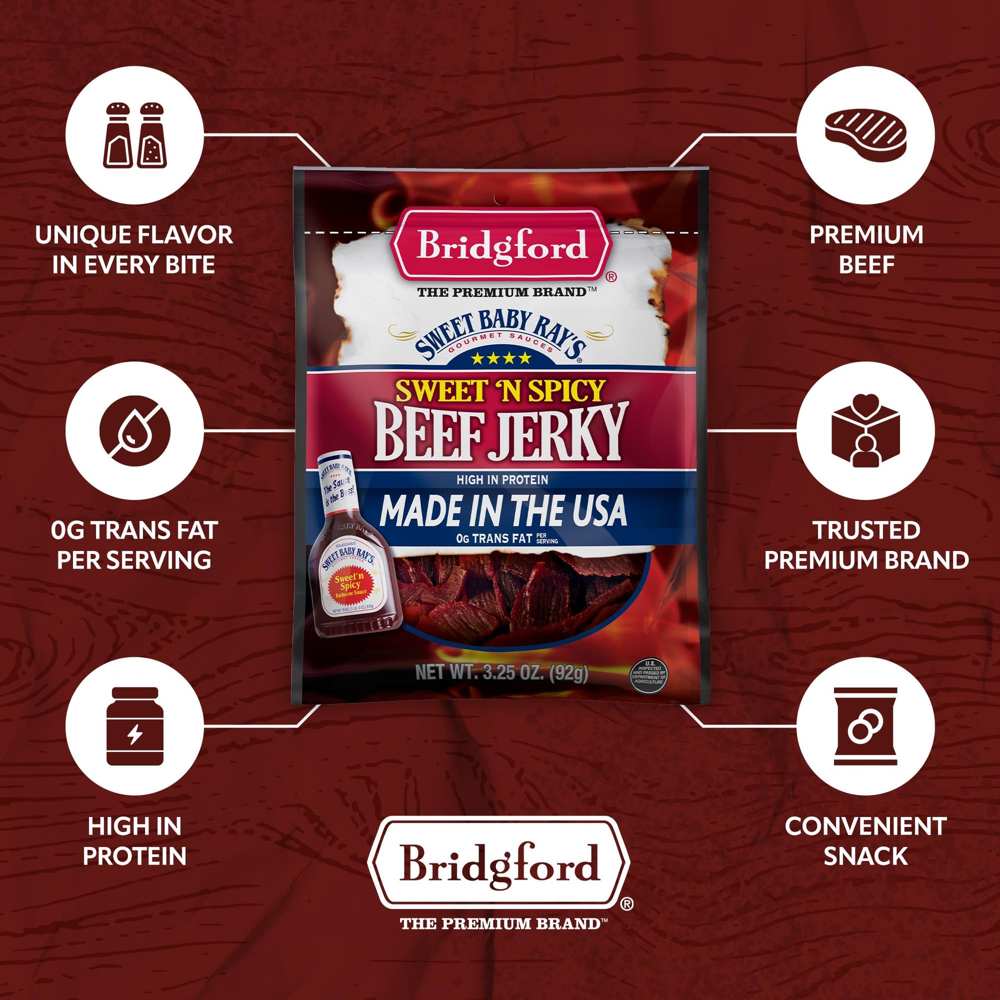 Product image of Bridgford Sweet Baby Ray's Beef Jerky Original High Protein Ready-to-Eat Snack 3.25 oz 3.25 oz Pack of 6