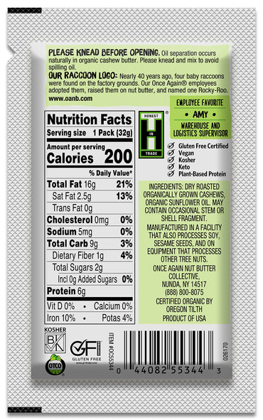 Product image of Once Again Organic Creamy Cashew Butter Squeeze Packs Unsweetened USDA Organic Gluten Free Vegan Kosher