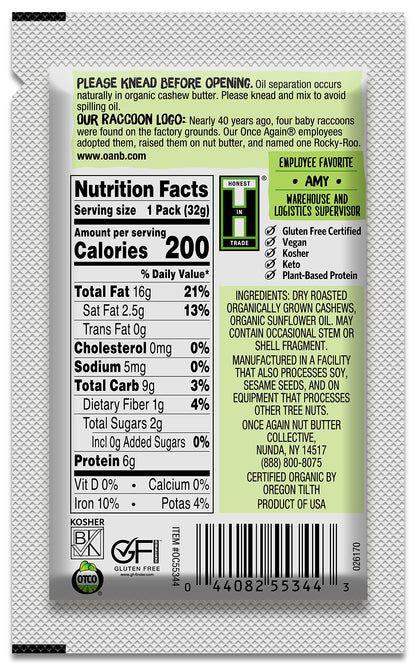 Product image of Once Again Organic Creamy Cashew Butter Squeeze Packs Unsweetened USDA Organic Gluten Free Vegan Kosher