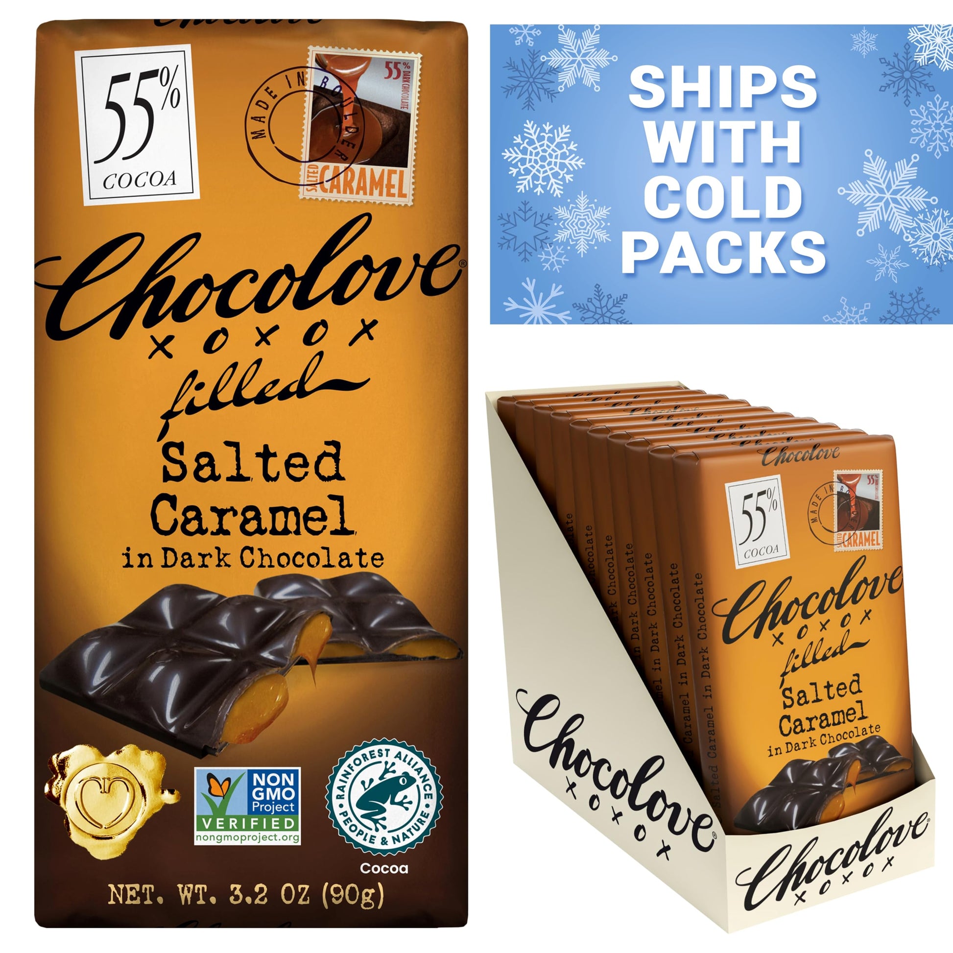 Product image of Chocolove Salted Caramel Chocolate Bars 55% Cocoa Premium Belgian Chocolate Non-GMO Gluten-Free Bar 3.2 oz
