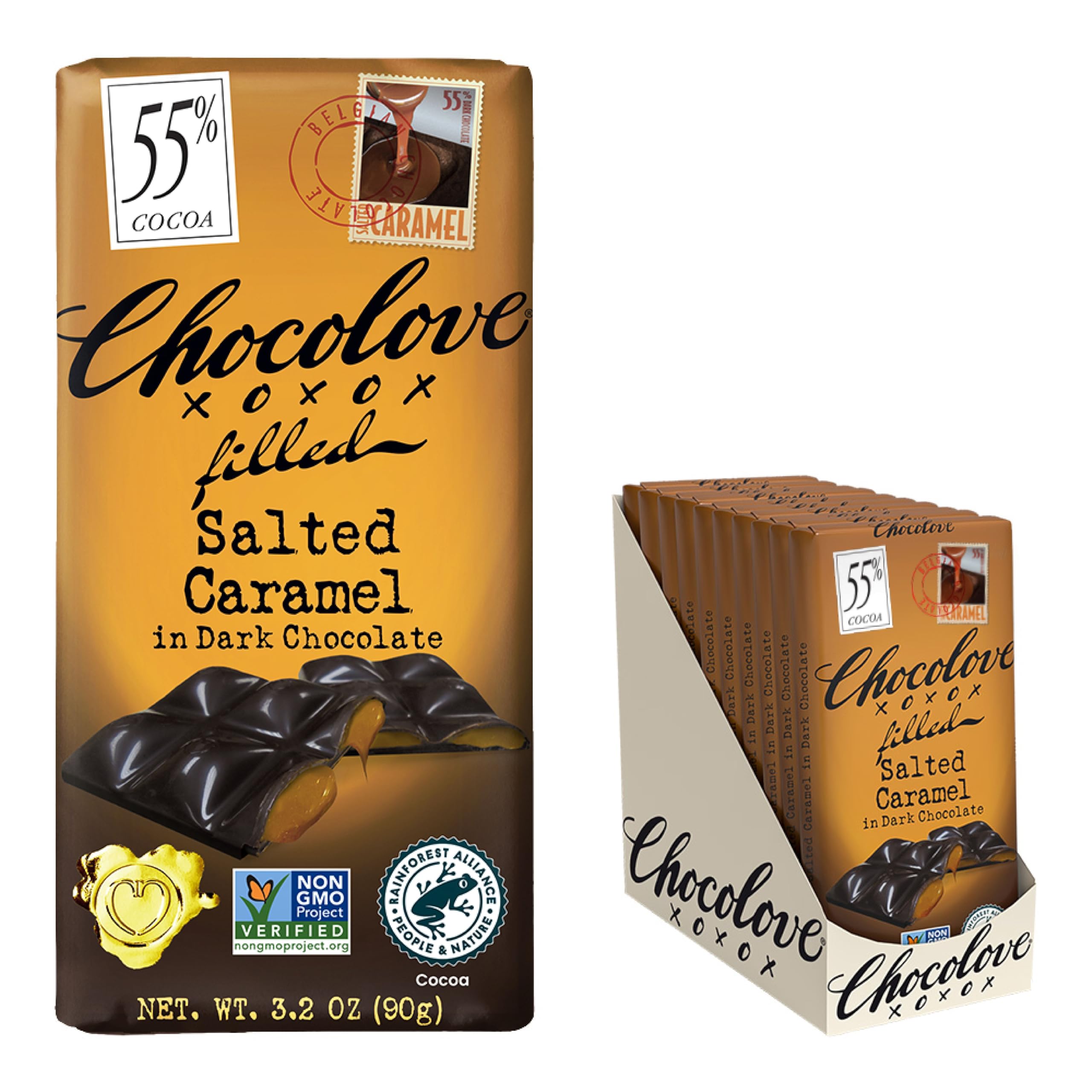 Product image of Chocolove Salted Caramel Chocolate Bars 55% Cocoa Premium Belgian Chocolate Non-GMO Gluten-Free Bar 3.2 oz