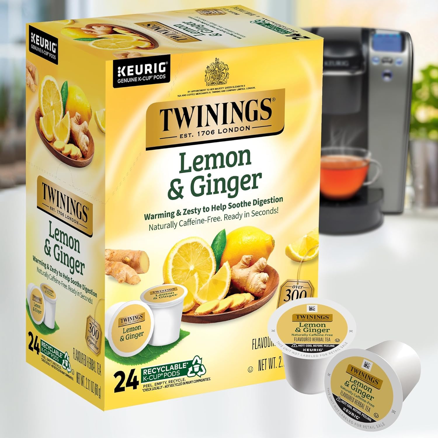 Product image of Twinings Lemon and Ginger Herbal Tea K-Cup Pods for Keurig 24 ct Naturally Caffeine-Free Enjoy Hot or Iced