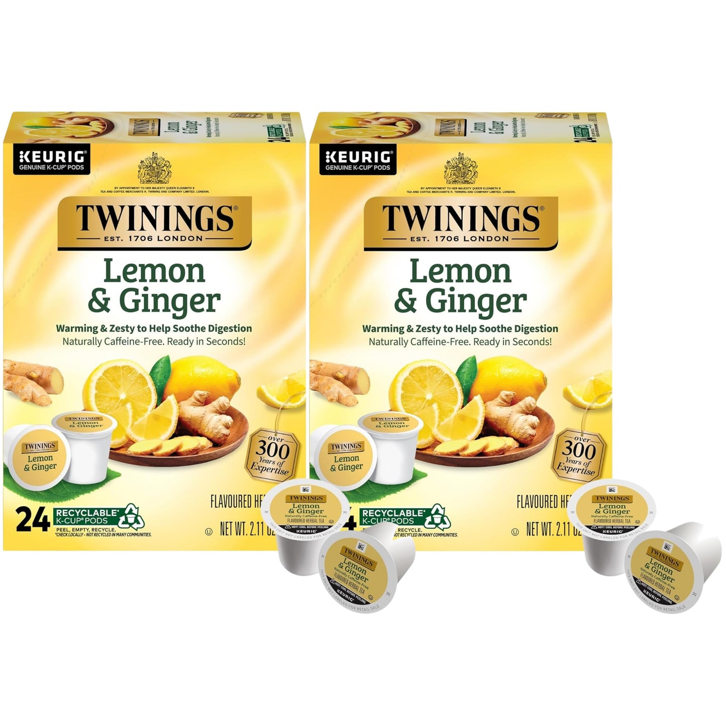 Product image of Twinings Lemon and Ginger Herbal Tea K-Cup Pods for Keurig 24 ct Naturally Caffeine-Free Enjoy Hot or Iced