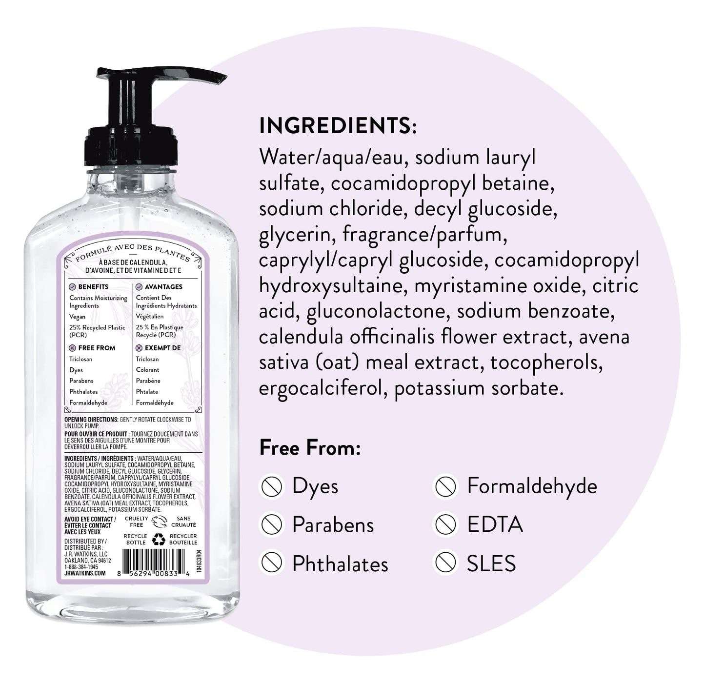 Product image of J.R. Watkins Gel Hand Soap Liquid Hand Wash Lavender USA Made Cruelty Free for Bathroom or Kitchen 11 fl oz