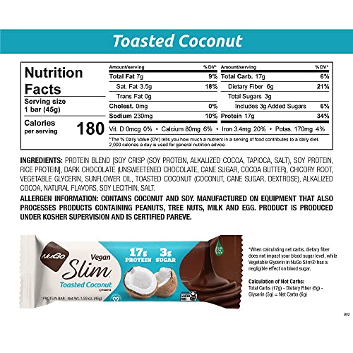Product image of NuGo Slim Dark Chocolate Toasted Coconut Protein Bar Vegan Keto Friendly Gluten Free Protein 3g Sugar 7g