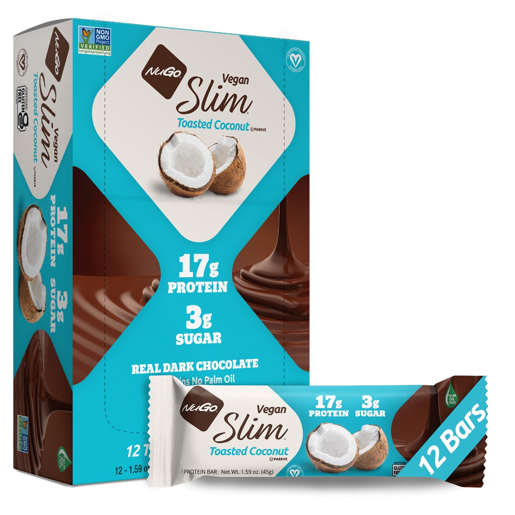 Product image of NuGo Slim Dark Chocolate Toasted Coconut Protein Bar Vegan Keto Friendly Gluten Free Protein 3g Sugar 7g