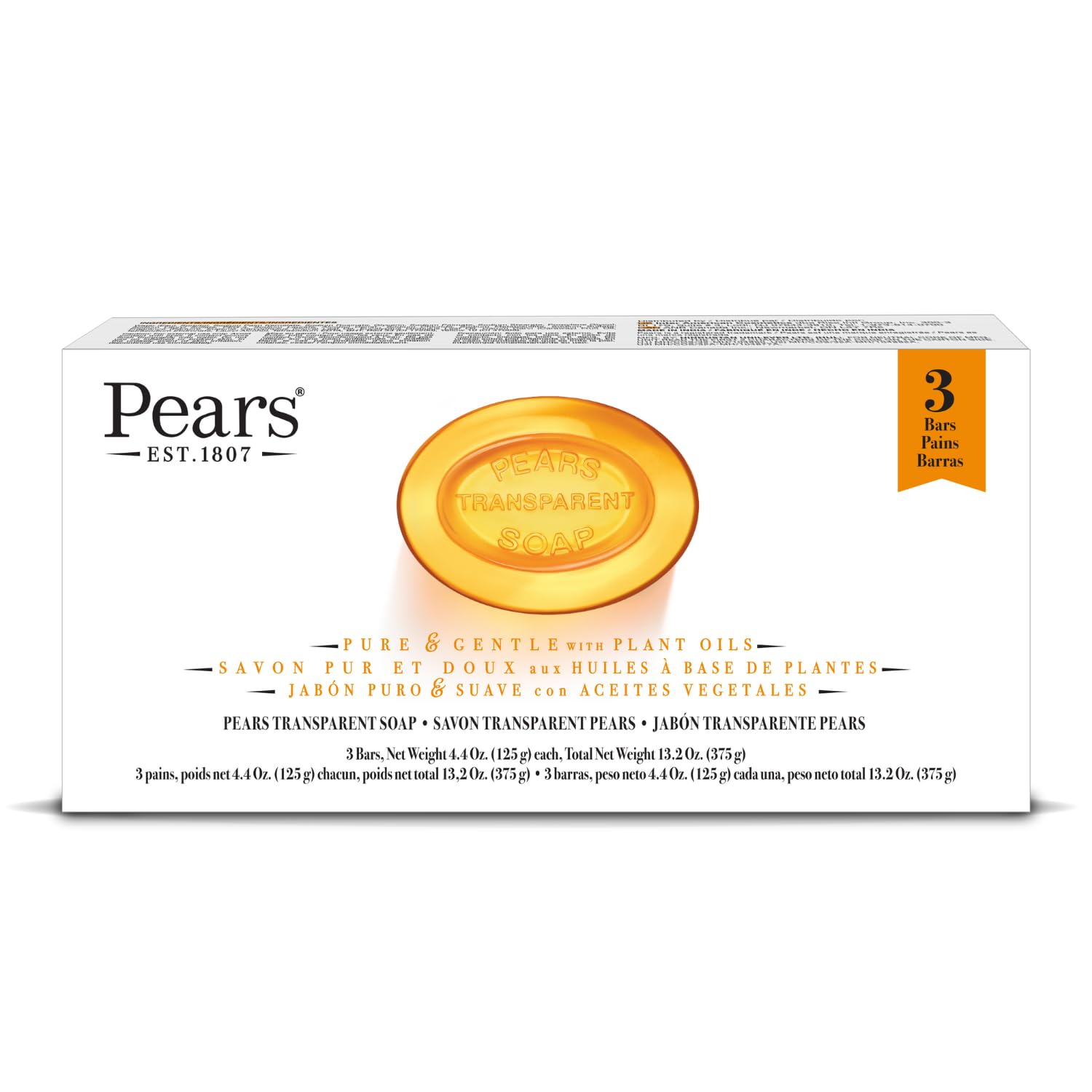 Product image of Pears Glycerin Soap Transparent Amber Pure and Gentle Cleanser Natural Oils Each 4.4 oz 3 bars 4.4 oz