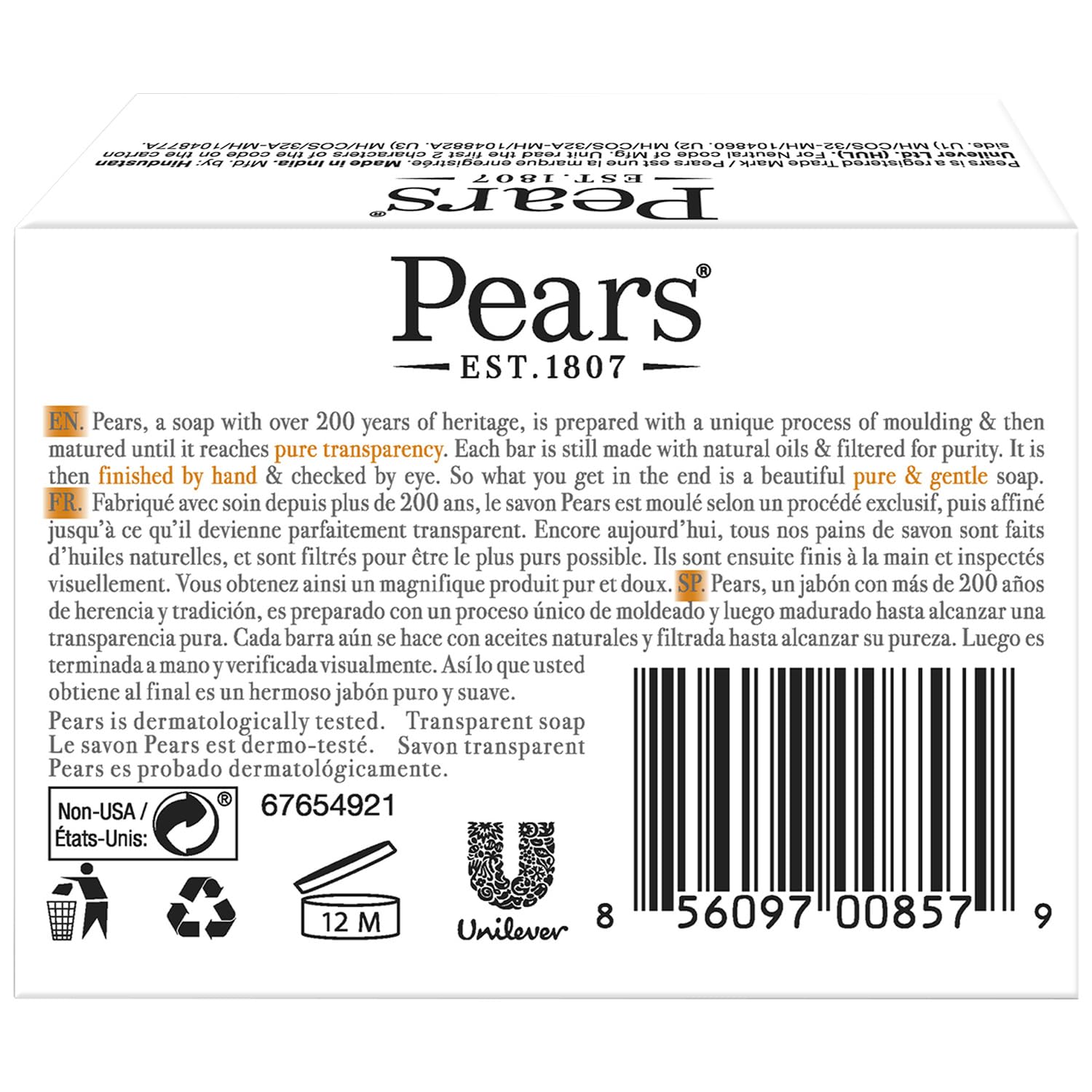 Product image of Pears Glycerin Soap Transparent Amber Pure and Gentle Cleanser Natural Oils Each 4.4 oz 3 bars 4.4 oz