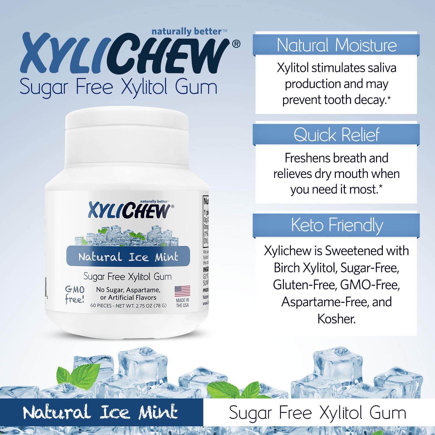 Product image of Xylichew Ice Mint Chewing Gum Non GMO Non Aspartame Gluten Free Sugar Free 60 ct Pack of 4