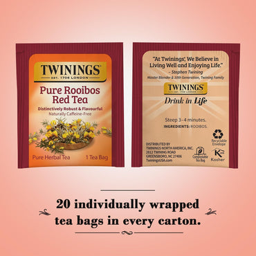Product image of Twinings Pure Rooibos Red Tea Caffeine-Free Herbal Tea Bags Individually Wrapped 20 ct Pack of 2