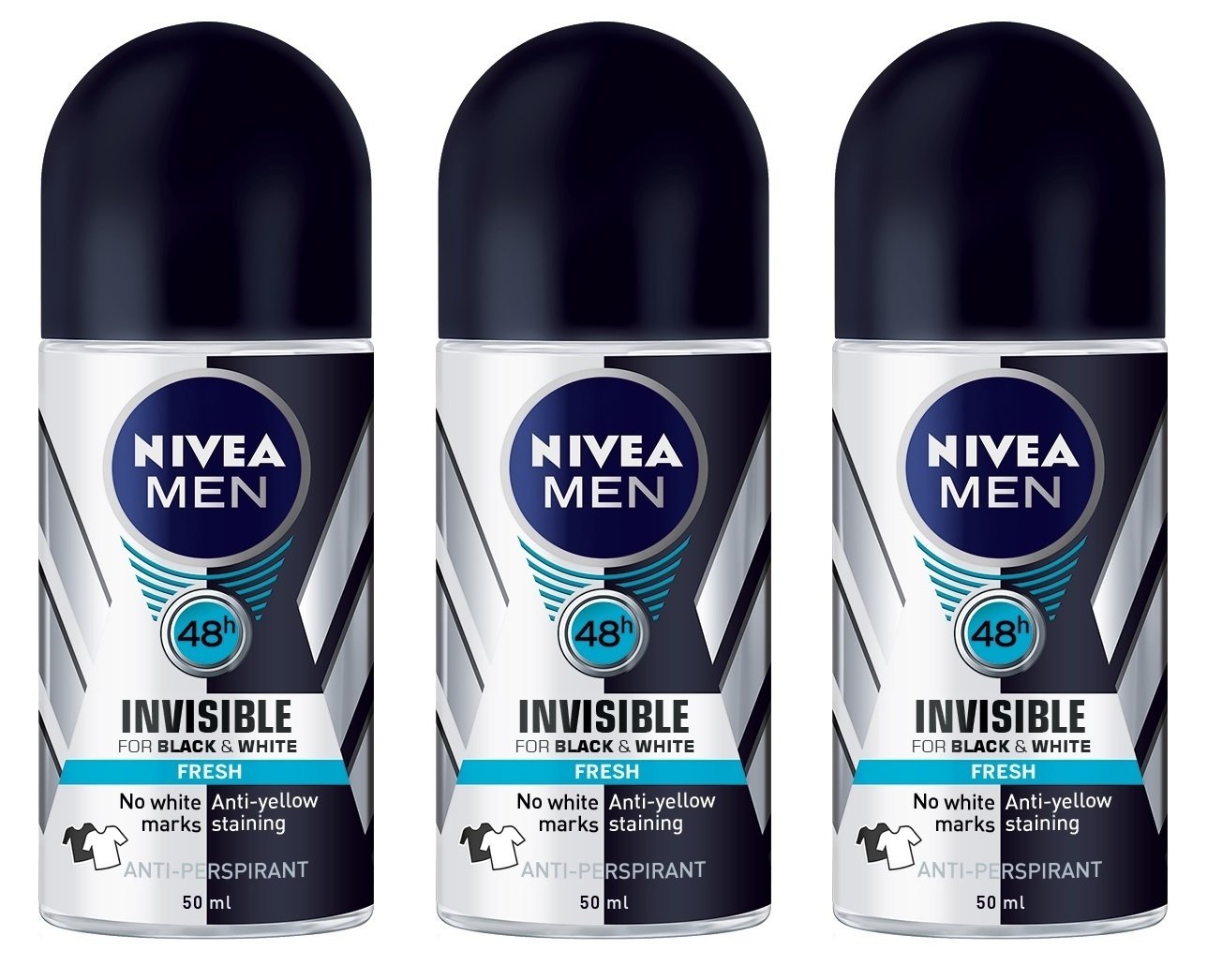 Product image of NIVEA Invisible for Black and White Men's Roll-On antiperspirant Fresh Scent 1.69 fl oz 1.69 fl oz Pack of 3
