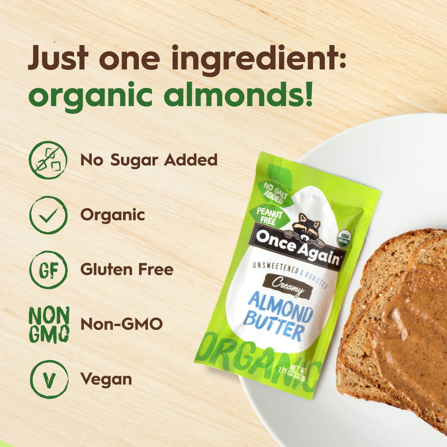 Product image of Once Again Organic Almond Butter Packets Roasted Vegan Non-GMO Gluten Free Packs 1.15 oz 1.15 oz Pack of 10
