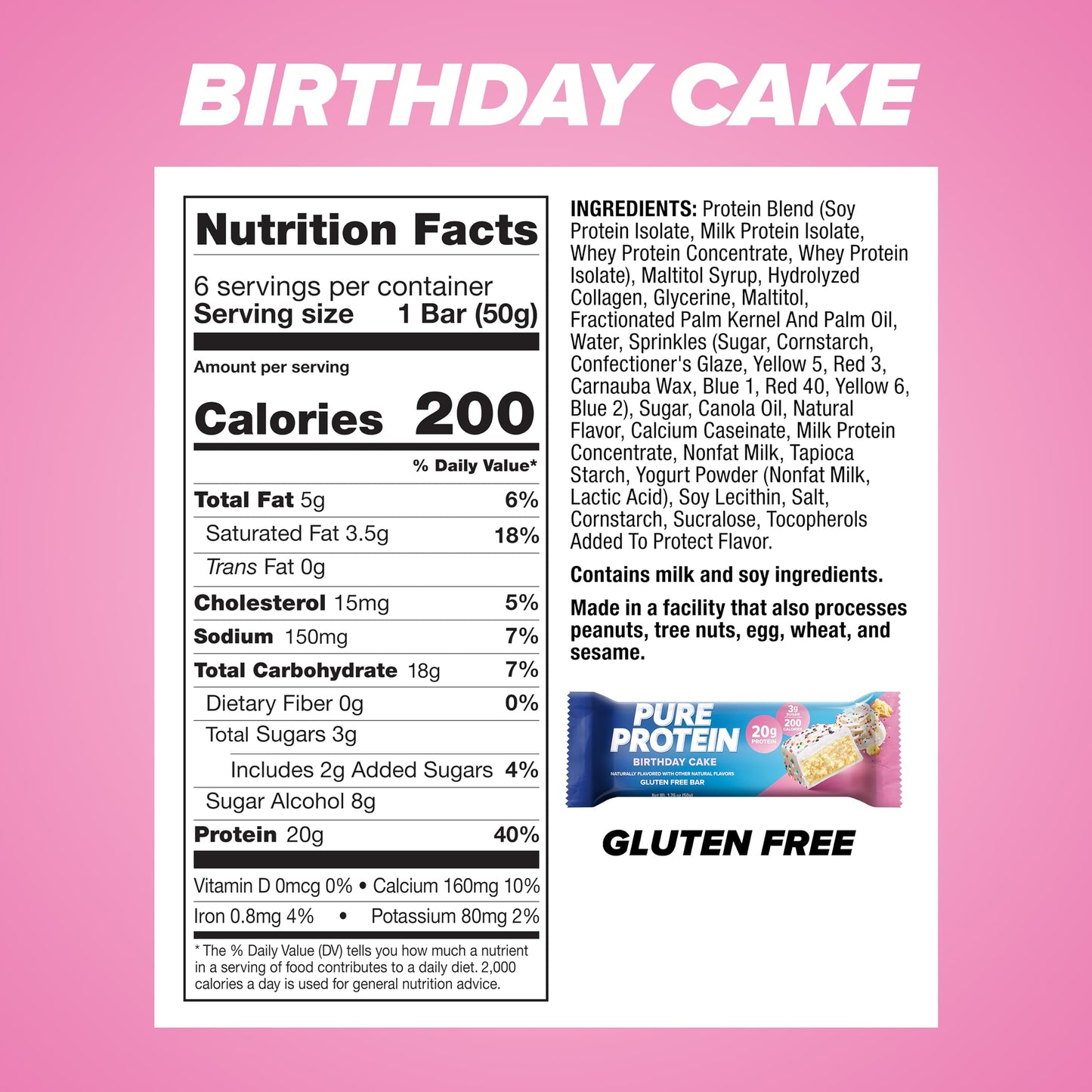 Product image of Pure Protein Bars High Protein Nutritious Snacks Low Sugar Gluten Free Birthday Cake Flavor Energy Support