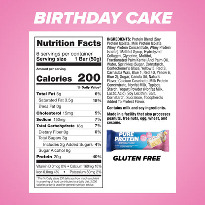 Product image of Pure Protein Bars High Protein Nutritious Snacks Low Sugar Gluten Free Birthday Cake Flavor Energy Support