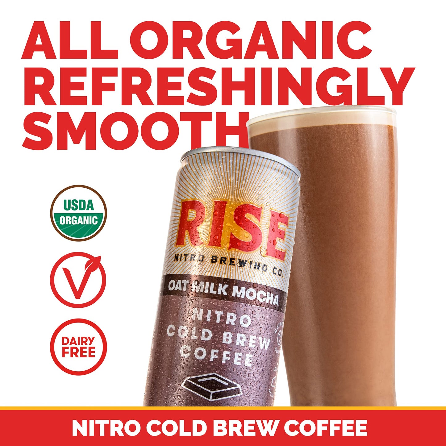 Product image of RISE Brewing Co. Oat Milk Mocha Nitro Cold Brew Latte Organic Non-GMO Vegan Dairy Free 7 fl. oz. Cans Pack
