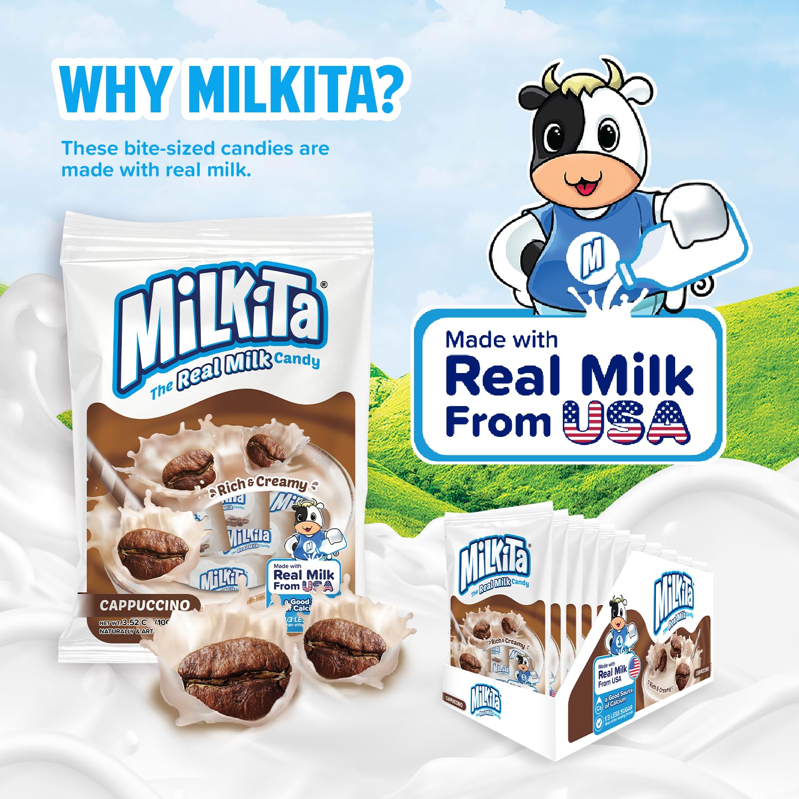 Product image of Milkita Creamy Cappuccino Milk Candy Bag Low-Sugar Fat Free Gluten Free Pack of 25