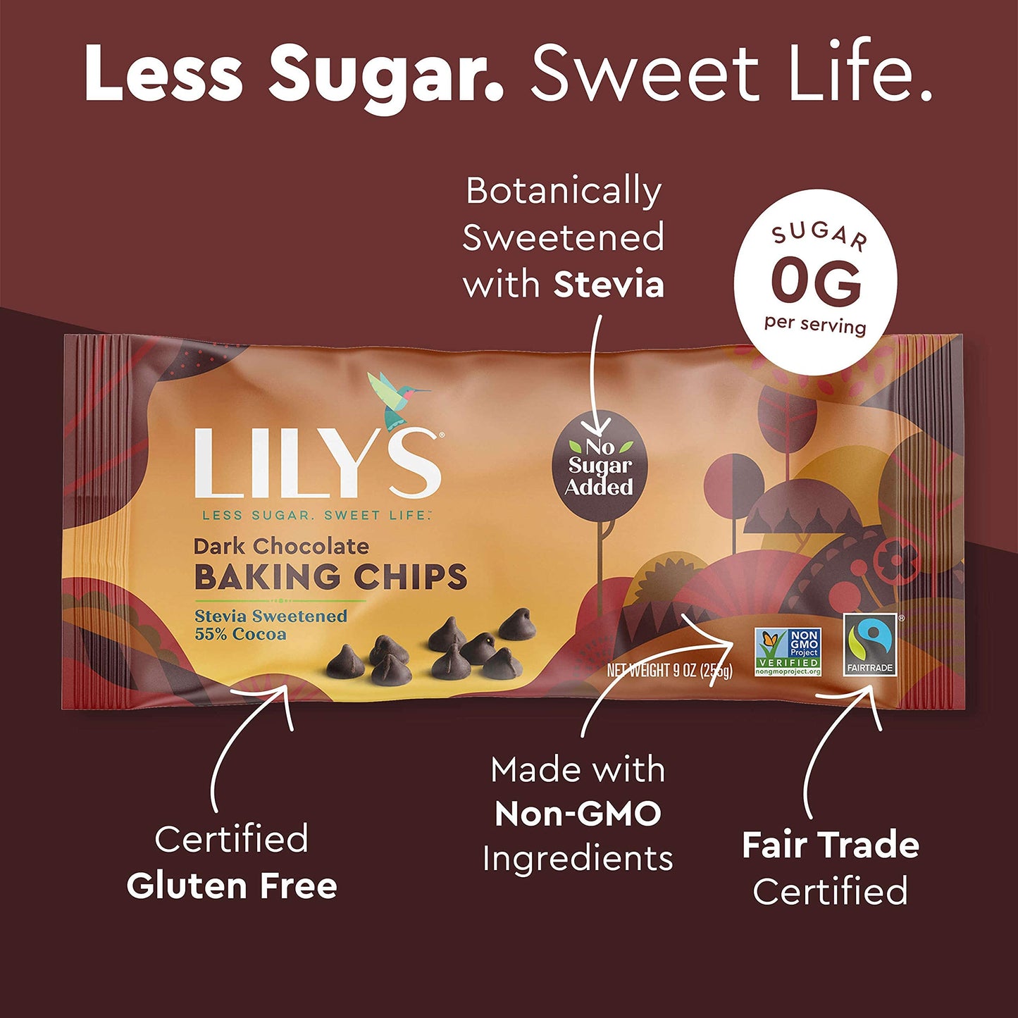 Product image of Lily's Dark Chocolate Baking Chips Stevia Sweetened No Added Sugar Low-Carb Keto Friendly 55% Cacao Fair