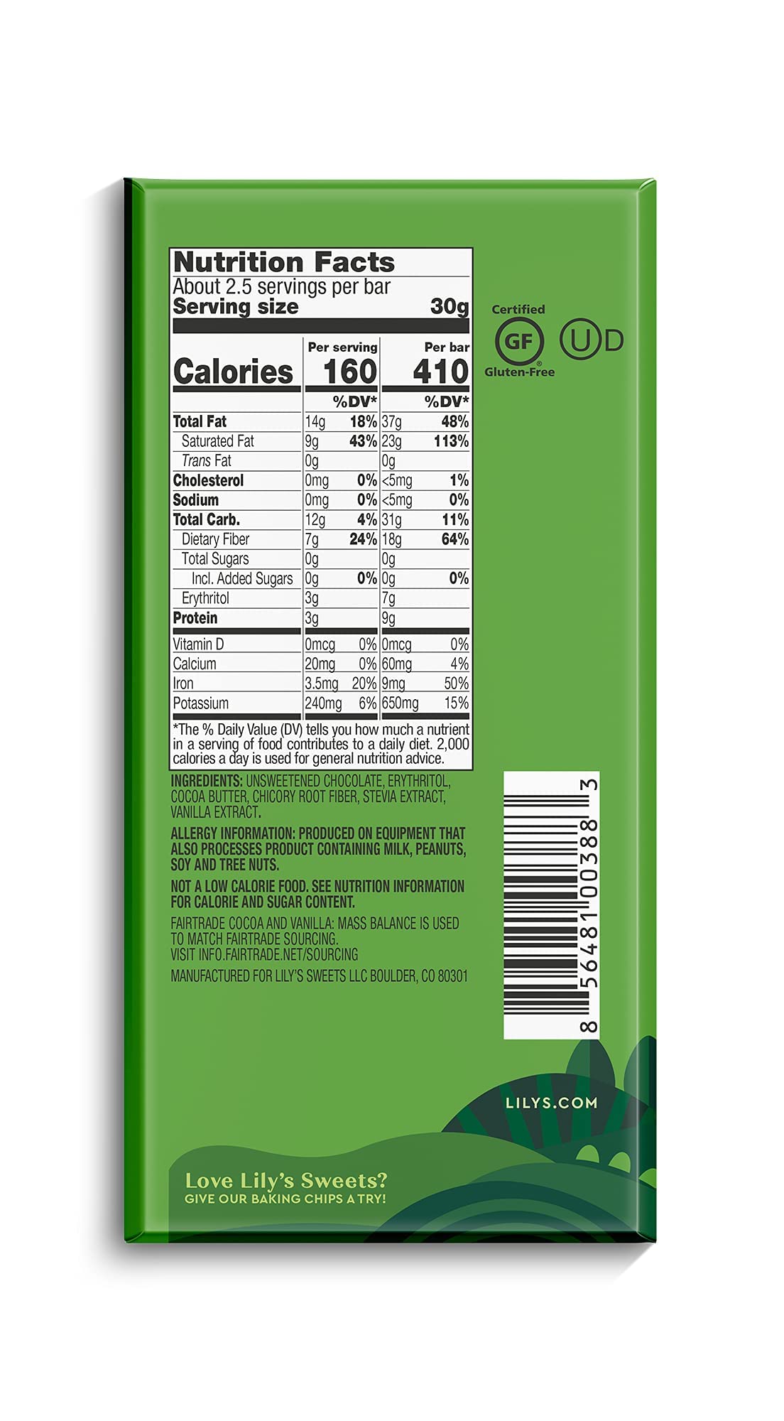 Product image of Lily's Extremely Dark Chocolate Bar Stevia Sweetened No Added Sugar Low-Carb Keto Friendly 85% Cocoa Fair