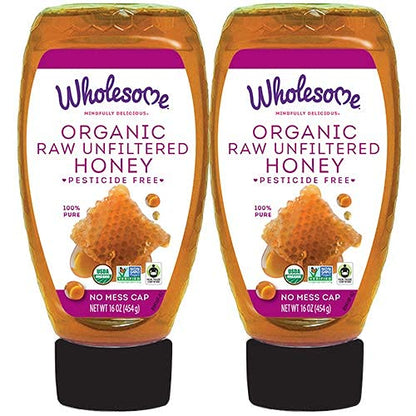 Product image of Wholesome Organic Raw Unfiltered Honey Pesticide Free Fair Trade Non GMO and Non Glyphosate Squeeze Bottle