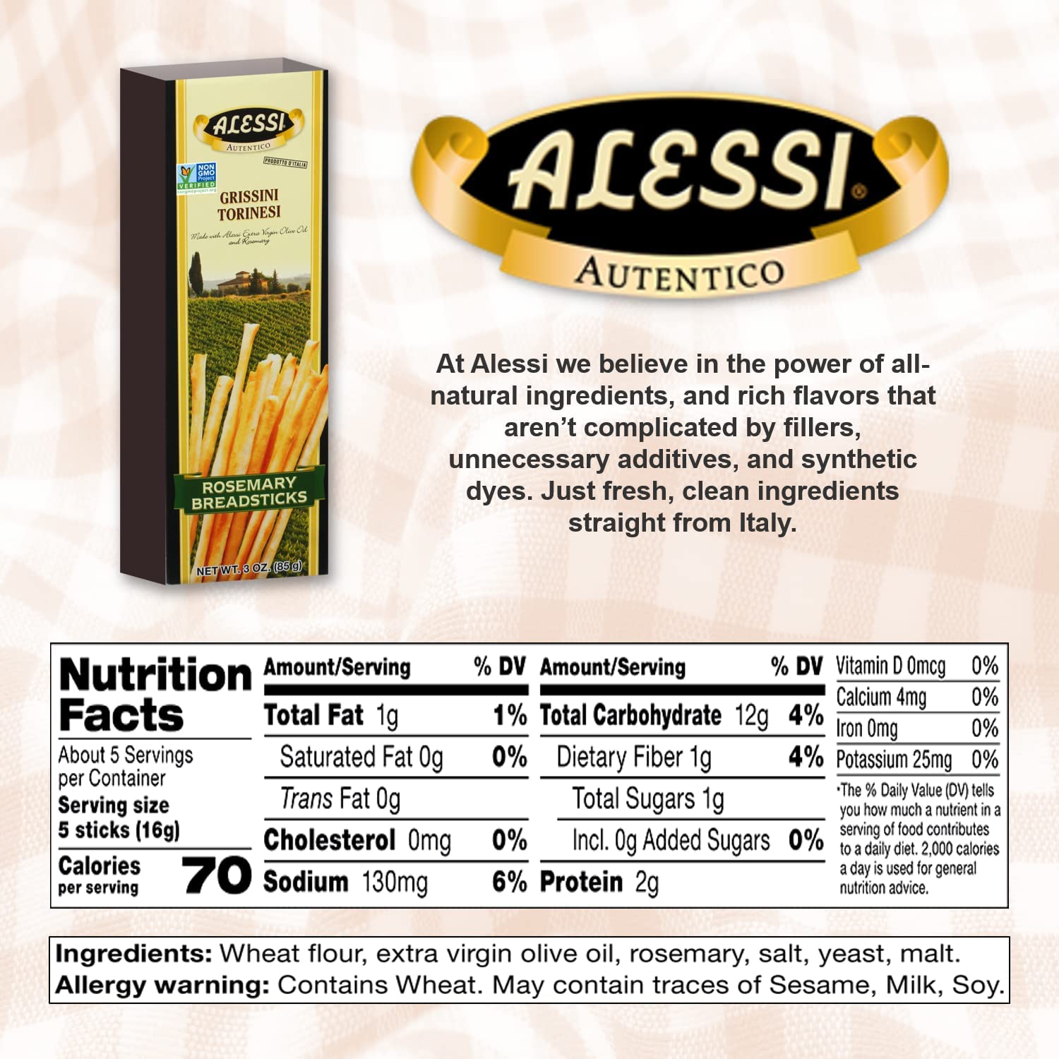 Product image of Alessi Imported Breadsticks Rosemary Autentico Italian Crispy Bread Sticks Low Fat Made Extra Virgin Olive