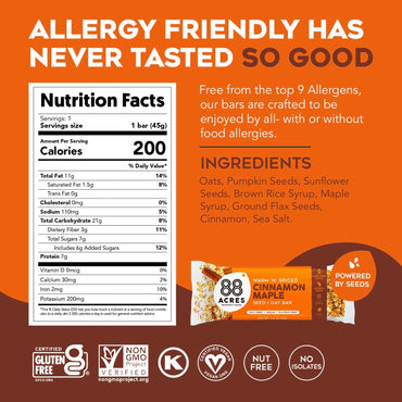 Product image of 88 Acres Cinnamon Maple Seed and Oat Granola Bar 1.6 oz 1.6 oz Pack of 9