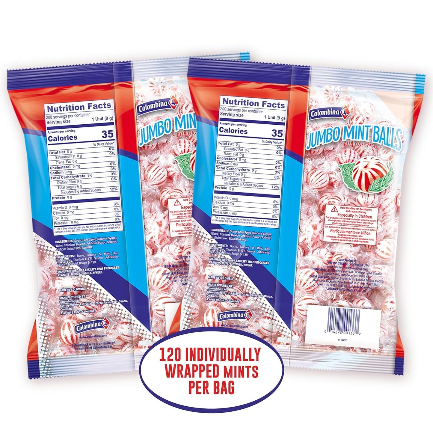 Product image of Colombina Jumbo Peppermint Balls Individually Wrapped Red and White Hard Candy 120 ct Pack of 2