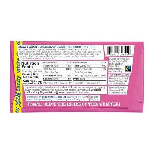 Product image of Tony's Chocolonely Belgian White Chocolate Raspberry Candy Bar Popping Candy 28% Cacao Fairtrade Cocoa 6.35