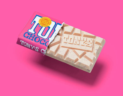 Product image of Tony's Chocolonely Belgian White Chocolate Raspberry Candy Bar Popping Candy 28% Cacao Fairtrade Cocoa 6.35
