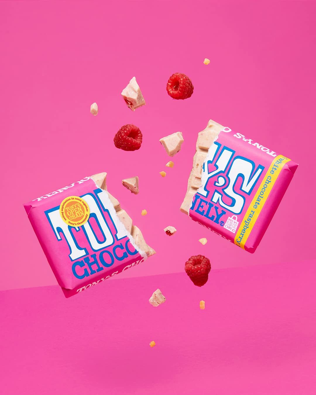 Product image of Tony's Chocolonely Belgian White Chocolate Raspberry Candy Bar Popping Candy 28% Cacao Fairtrade Cocoa 6.35