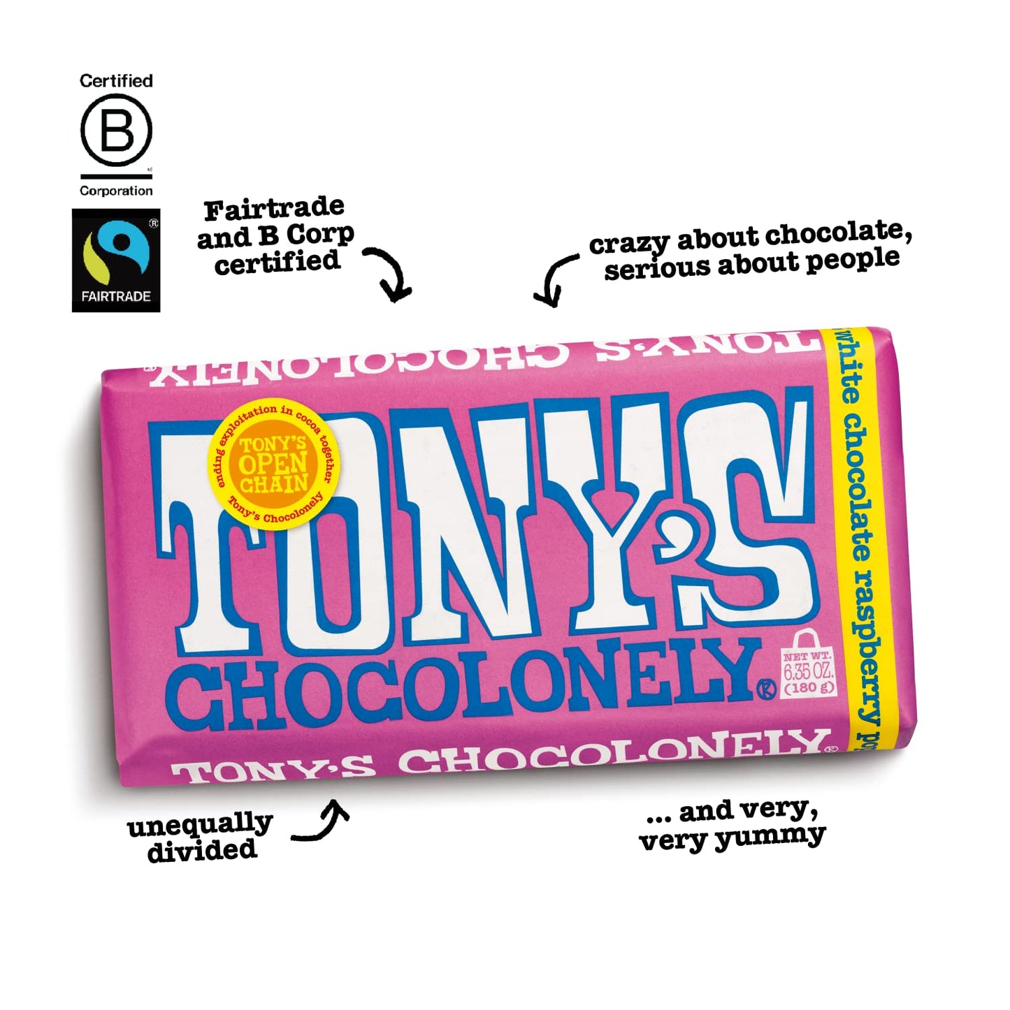 Product image of Tony's Chocolonely Belgian White Chocolate Raspberry Candy Bar Popping Candy 28% Cacao Fairtrade Cocoa 6.35