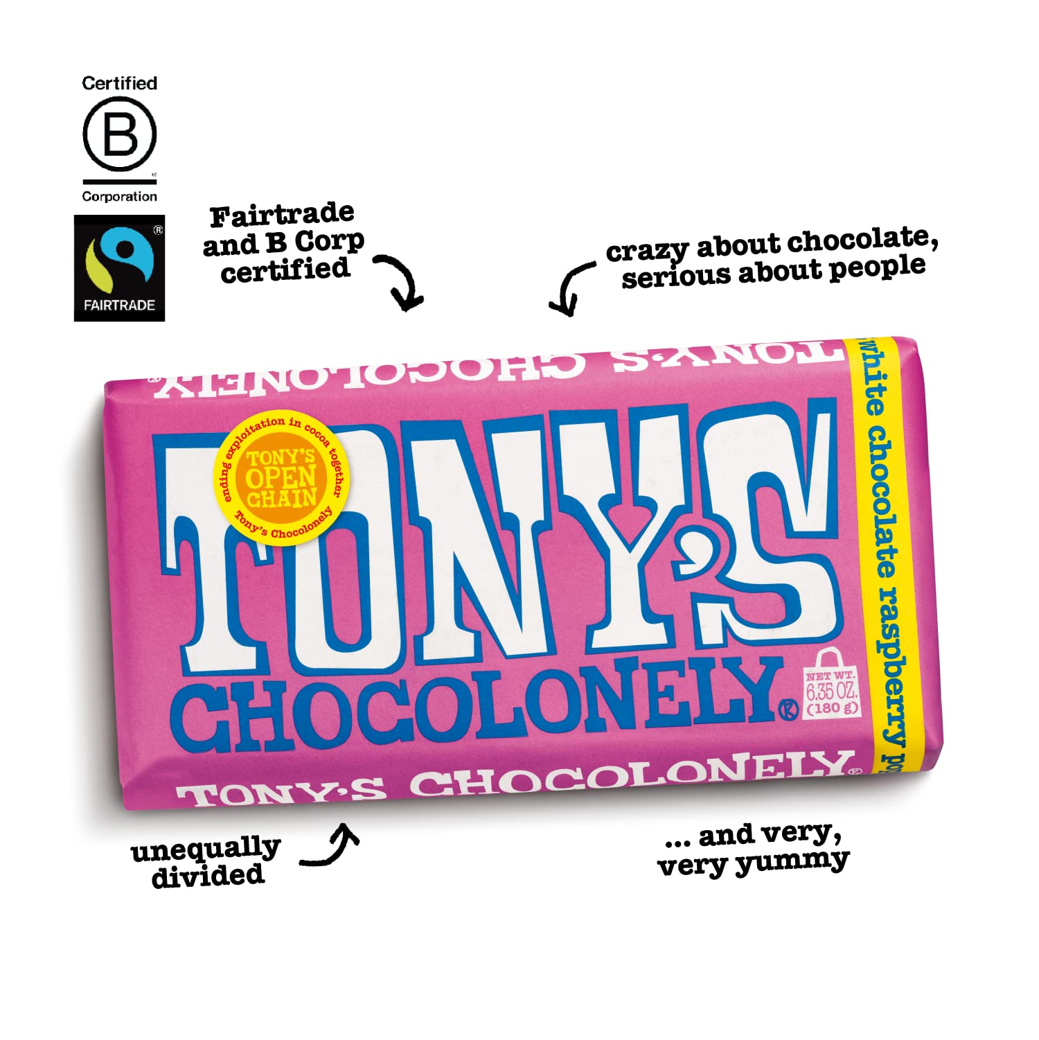 Product image of Tony's Chocolonely Belgian White Chocolate Raspberry Candy Bar Popping Candy 28% Cacao Fairtrade Cocoa 6.35
