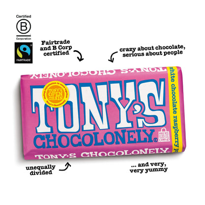 Product image of Tony's Chocolonely Belgian White Chocolate Raspberry Candy Bar Popping Candy 28% Cacao Fairtrade Cocoa 6.35