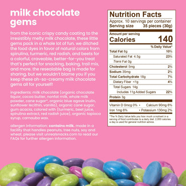 Product image of UNREAL Milk Chocolate Gems Snack Packs Non-GMO Gluten Free Ingredients Fair Trade No Sugar Alcohols No Soy