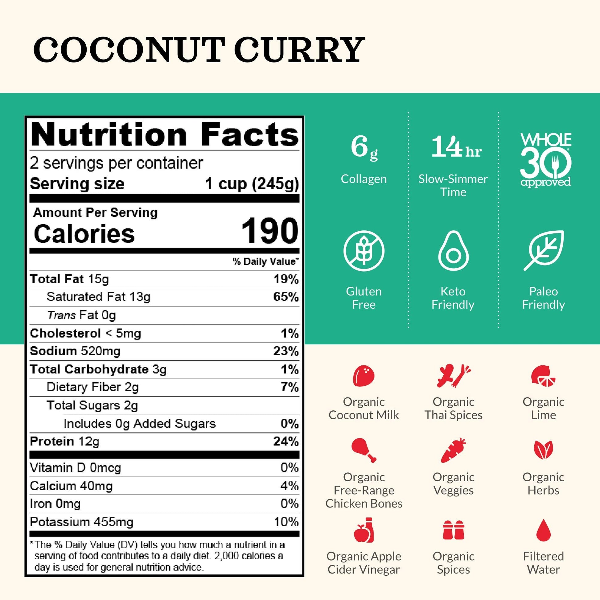 Product image of Kettle and Fire Coconut Curry and Lime Chicken Bone Broth Keto Paleo Whole 30 Approved Gluten Free High in