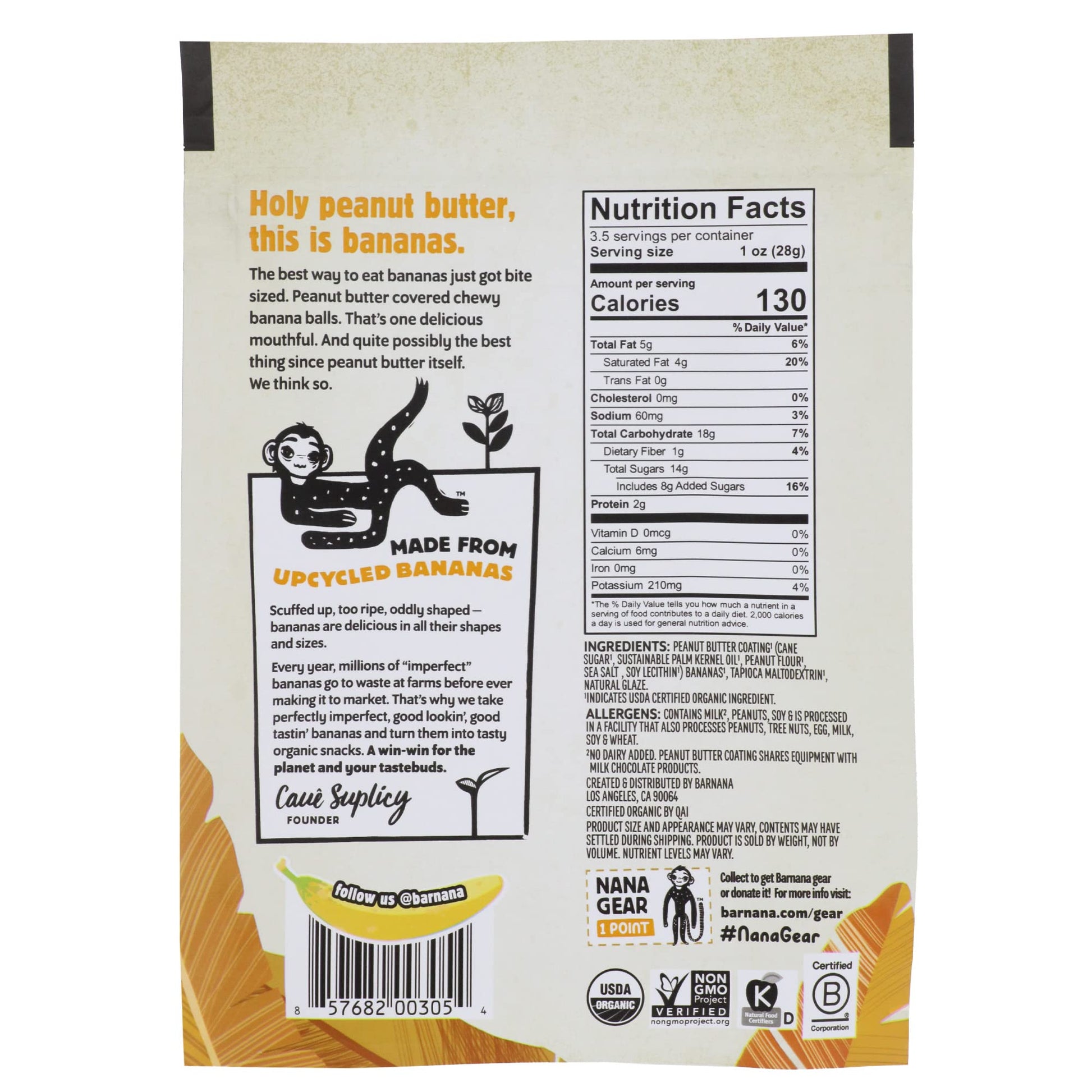 Product image of Barnana Organic Chewy Banana Bites Peanut Butter Dipped in Chocolate Made Real Fruit Kosher USDA Organic
