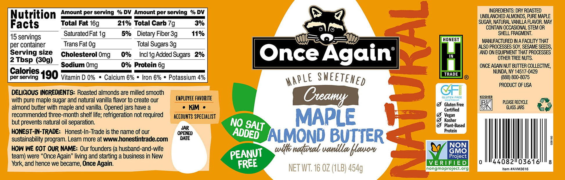 Product image of Once Again Natural Creamy Maple Almond Butter Vanilla Flavor Gluten Free Peanut Free Vegan Kosher Paleo