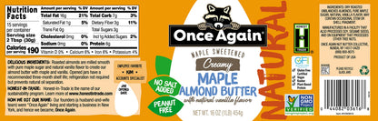 Product image of Once Again Natural Creamy Maple Almond Butter Vanilla Flavor Gluten Free Peanut Free Vegan Kosher Paleo