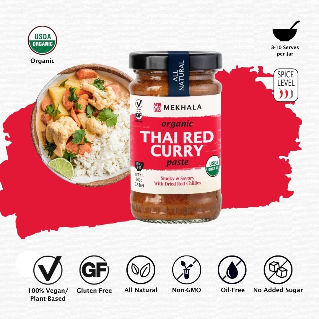 Product image of Mekhala Organic Thai Red Curry Paste Vegan Gluten-Free No Added Sugar Hot Each 3.5 oz 3.5 oz Pack of 3