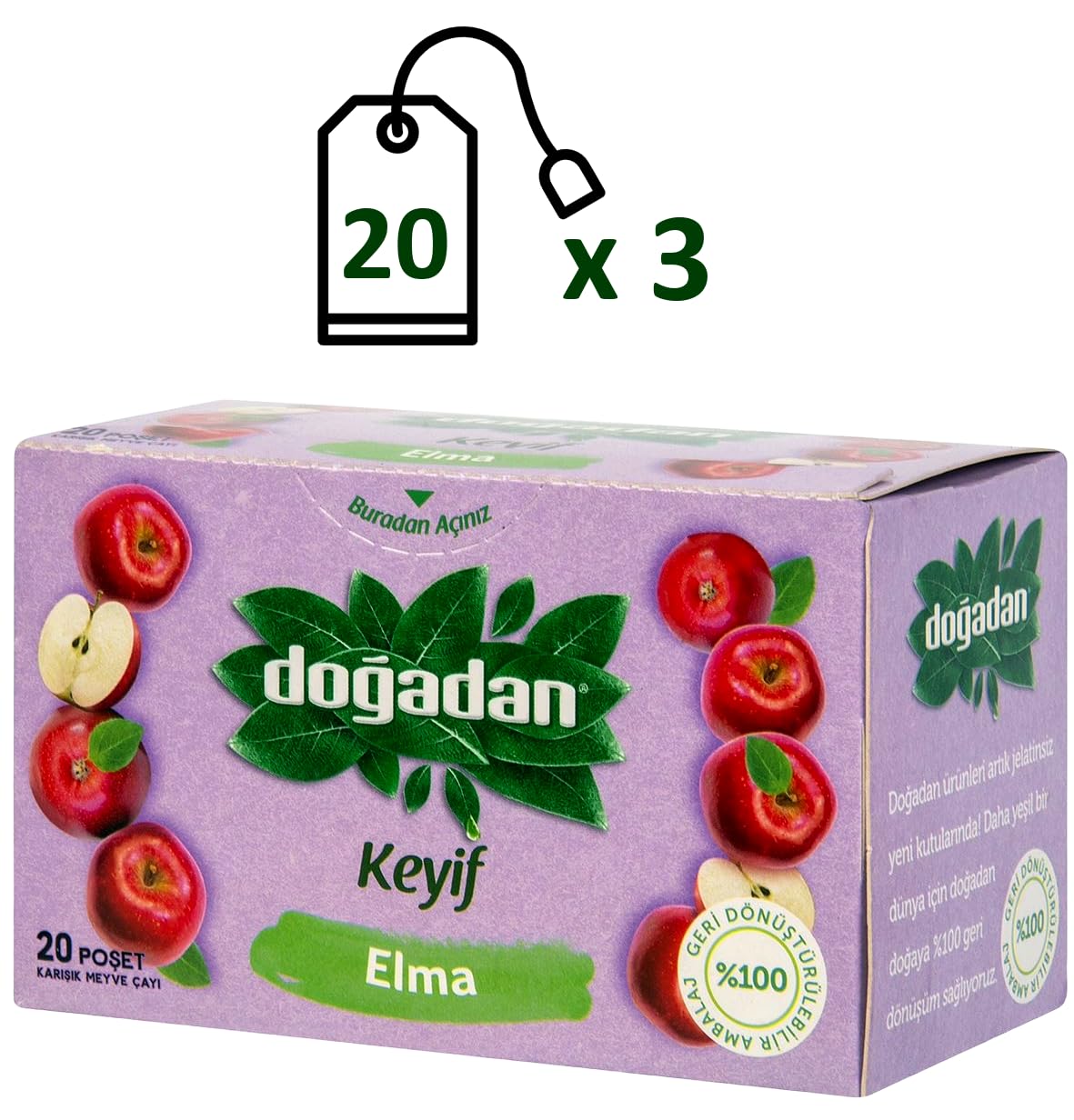 Product image of Dogadan Premium Turkish Apple Tea Elma Cayi 20 Tea Bags Pack of 3