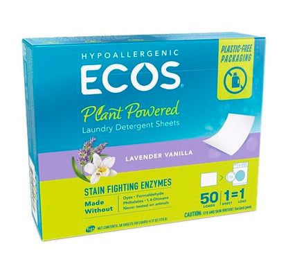 Product image of ECOS Laundry Detergent Sheets Laundry Detergent Lavender Plastic Free Vegan Sheets Washer Hypoallergenic 50