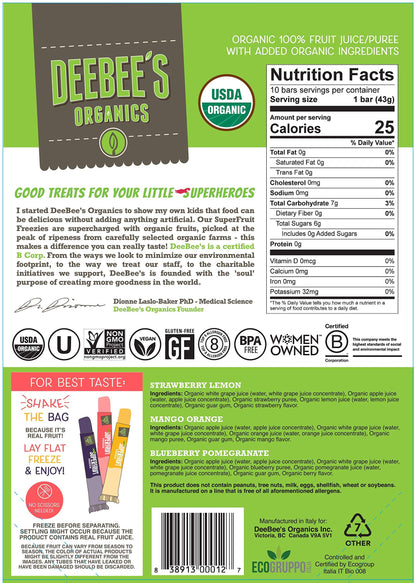 Product image of Deebee's 100% Organics Super Fruit Freezie Frozen Juice Bars Grape Strawberry and Tropical Fruit Popsicles