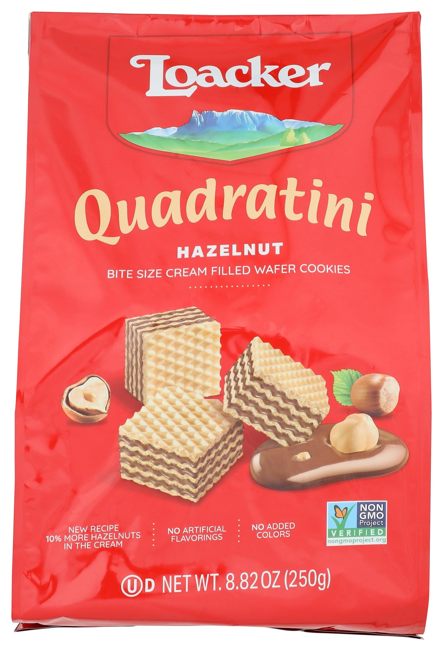 Product image of Loacker Quadratini Hazelnut Wafer Cookies Bite Size 30% Less Sugar Hazelnut Cream Filling NON-GMO 100%
